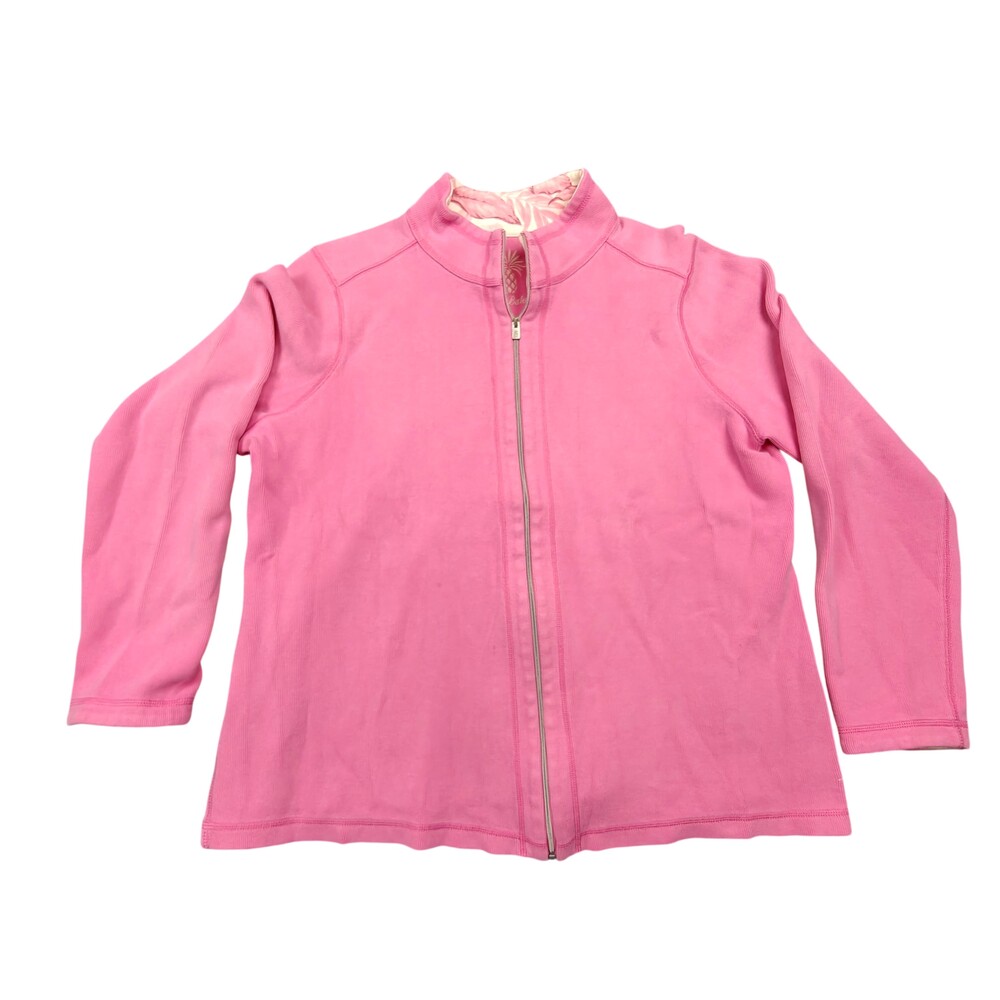 Tommy Bahama Jacket Womens XL Pink Collared Full Zip Stretch Knit Pineapple Logo